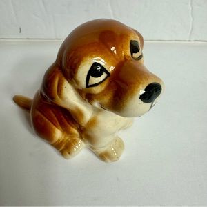 Vintage midcentury ceramic puppy dog (beagle maybe) figure cute eyes. 3" tall.